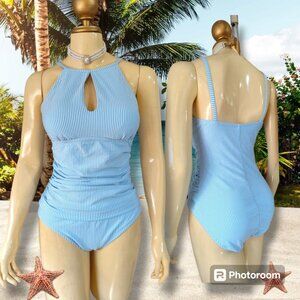 NWT Ellen Tracy One Piece Swimsuit Sz 8 Blue Seersucker Brand New Value $98